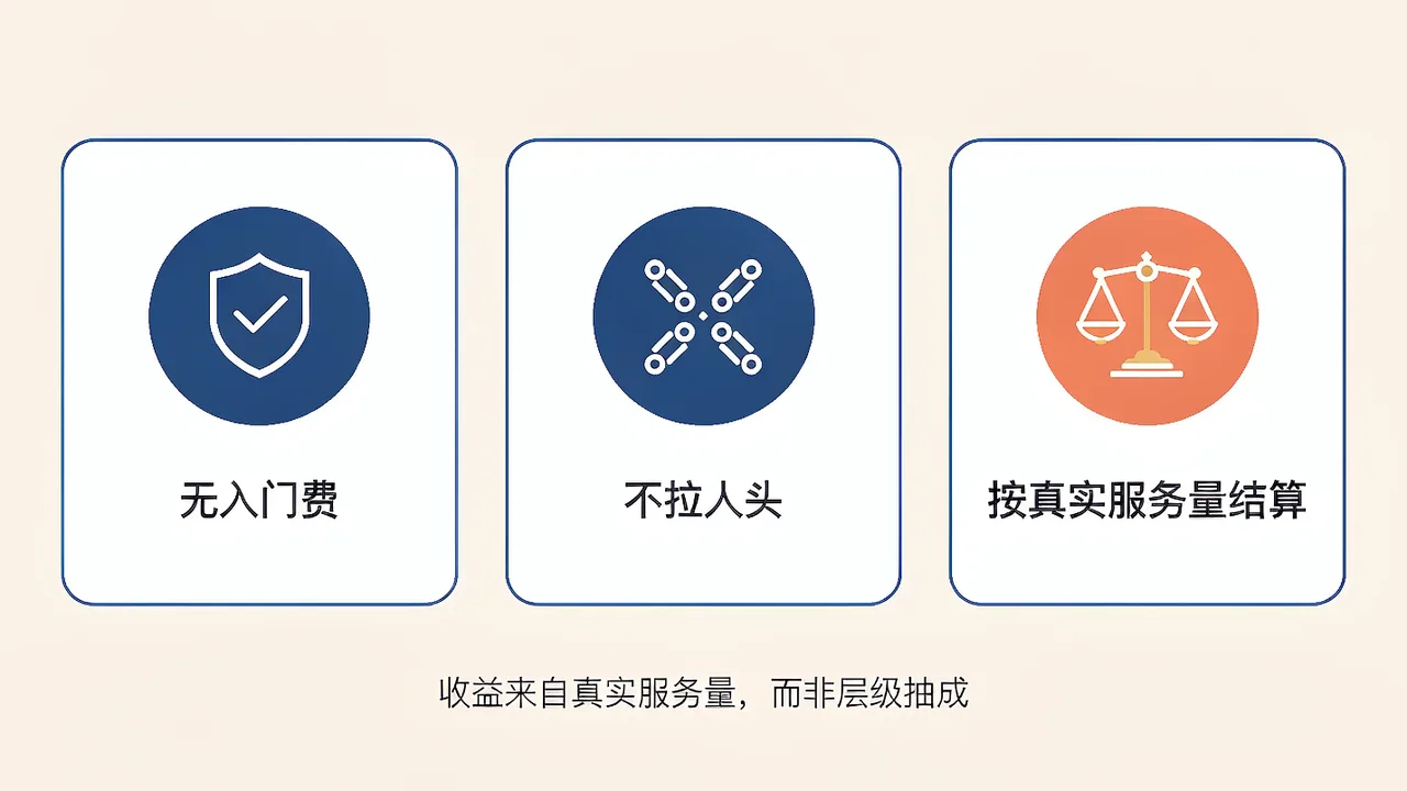 反传销合规承诺：无入门费、不拉人头、按真实服务量结算