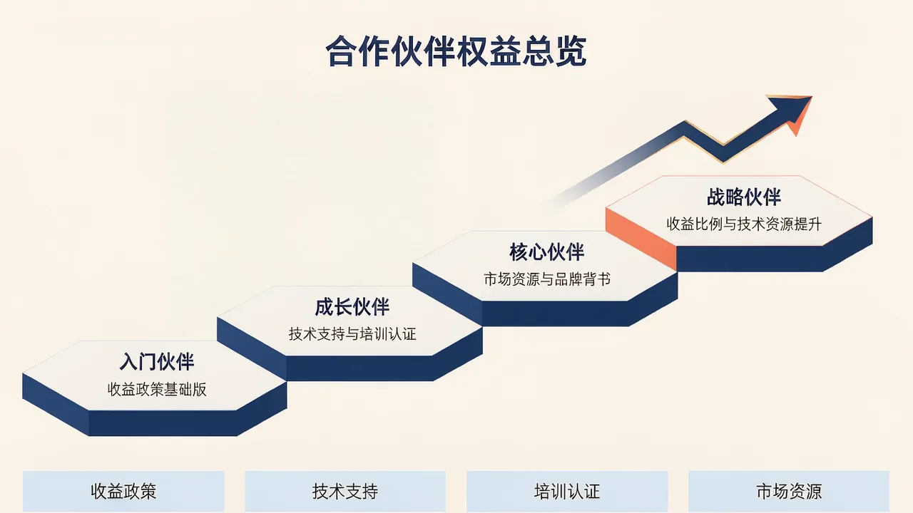 合作伙伴权益总览：入门、成长、核心、战略四级权益分层示意